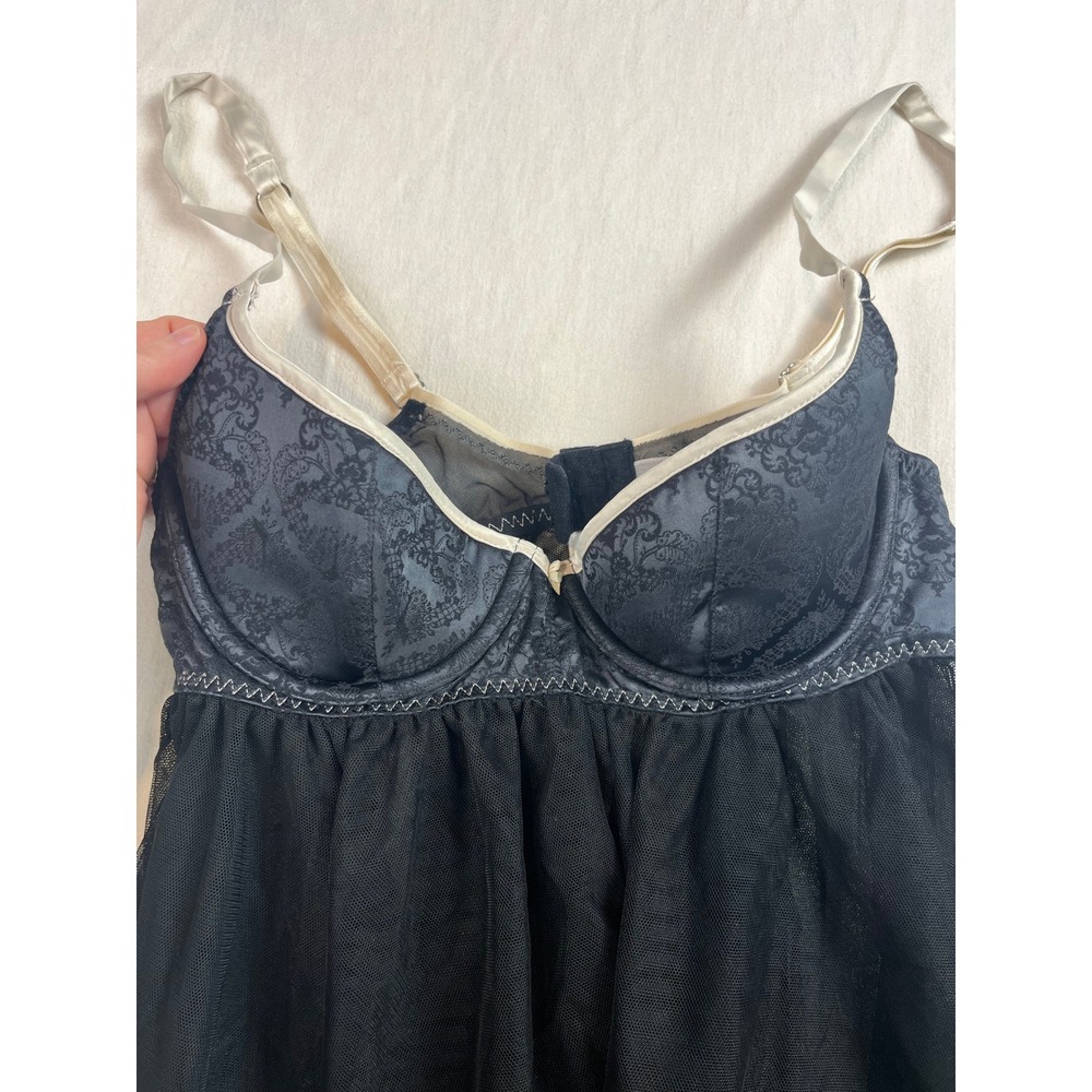 Victorias Secret Black Cream Damask Underwire Babydoll Chemise Lingerie 34B